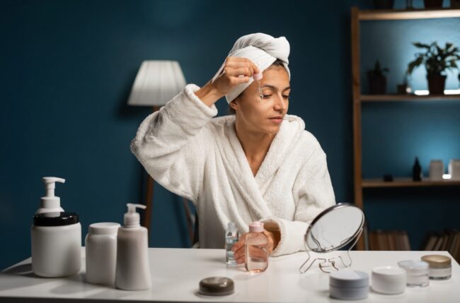 Beauty procedure at home. Hispanic woman holding pipette with anti wrinkle serum near eye, looking at mirror, sitting at her bedroom in the evening