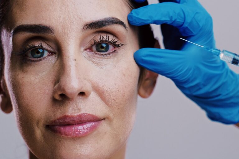 Model, skincare and needle in studio for plastic surgery, relax and antiaging treatment. Mature woman, surgeon hands or injection on white background for cosmetology, transformation or dermal filler